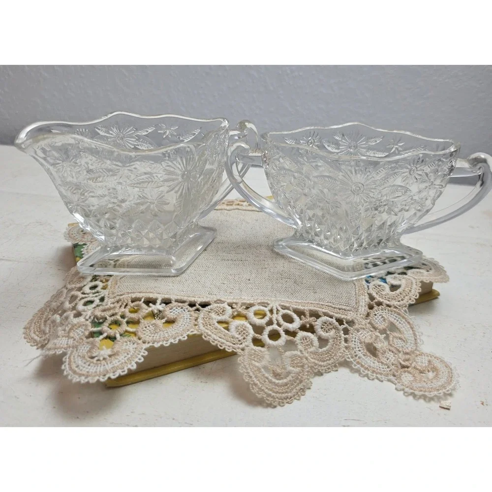 Vintage Indiana Glass Pineapple & Floral Creamer and Sugar Bowl Set Diamond Base